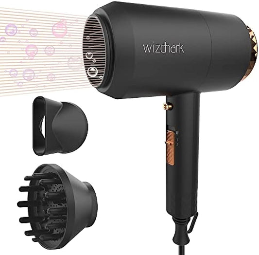 Hair Dryer with Diffuser丨1875W Ionic Blow Dryer for Women Curly Hair丨 Wizchark Lightweight Professional Salon Hairdryer with Diffuser Attachment 丨Cool Air Button 2 Speeds/Heats丨Black Hair Dryers