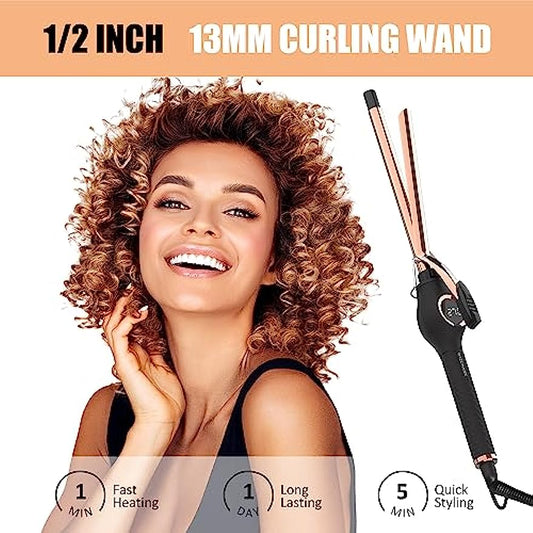 13mm Tiny Curling Wand, WIZCHARK 1/2 Inch Small Curling Iron for Long & Short Hair, Professional Ceramic Barrel Pencil Hair Iron with LED Display with 7 Heat Settings 270°F-450°F Skinny Hair Curler