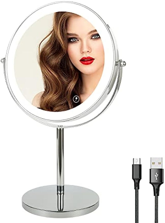8" Lighted Makeup Mirror with Magnification, 1X/10X Magnifying Mirror with Light, Double Sided 360° Cordless Rechargeable, 3 Colors Brightness Adjustable Makeup Mirror with Lights with 52 LED(Silver)