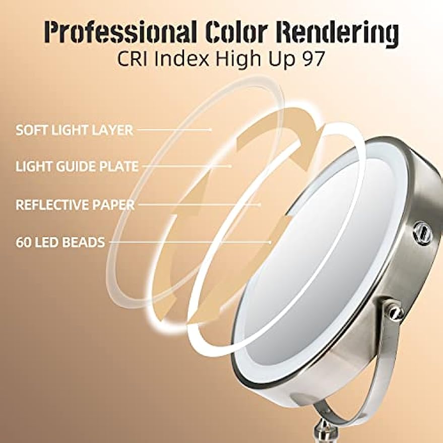 WIZCHARK 9" Large Vanity Mirror with Lights, 1X/10X Magnifying Makeup Mirror with Lighting, 3 Colors Brightness Adjustable, 360°Rotation Double Sided Standing Desk Mirror Brush Nickle