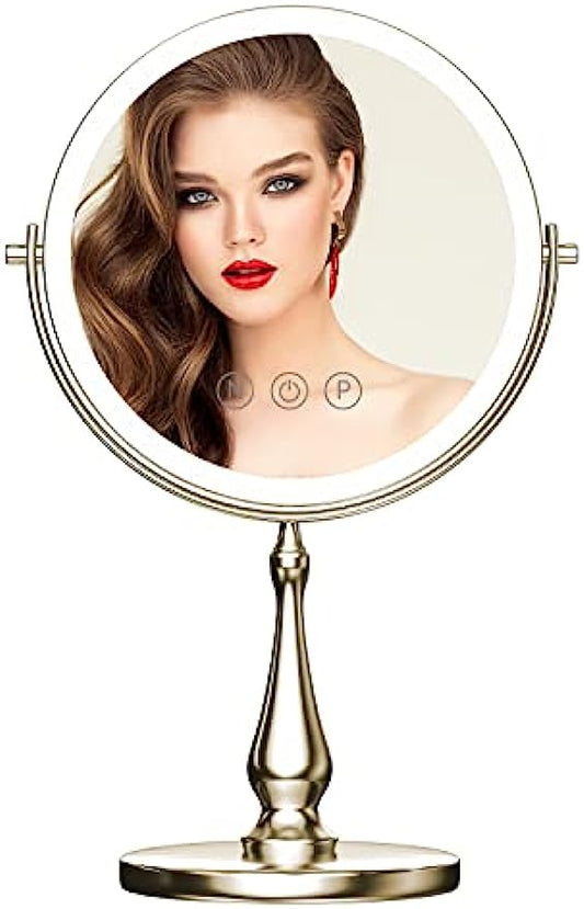 WIZCHARK 9" Large Vanity Mirror with Lights, 1X/10X Magnifying Makeup Mirror with Lighting, 3 Colors Brightness Adjustable, 360°Rotation Double Sided Standing Desk Mirror Brush Nickle