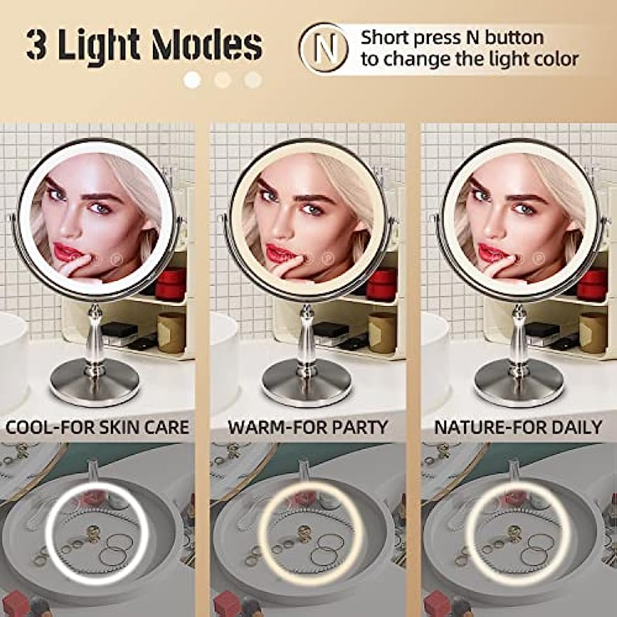 WIZCHARK 9" Large Vanity Mirror with Lights, 1X/10X Magnifying Makeup Mirror with Lighting, 3 Colors Brightness Adjustable, 360°Rotation Double Sided Standing Desk Mirror Brush Nickle