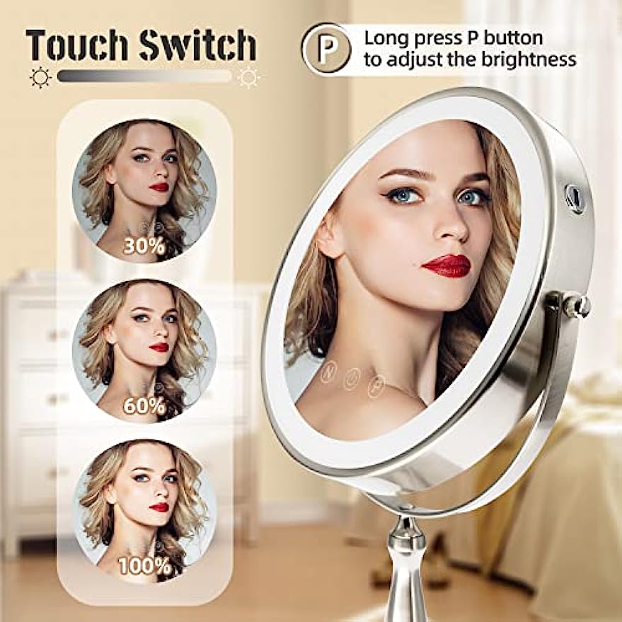 WIZCHARK 9" Large Vanity Mirror with Lights, 1X/10X Magnifying Makeup Mirror with Lighting, 3 Colors Brightness Adjustable, 360°Rotation Double Sided Standing Desk Mirror Brush Nickle