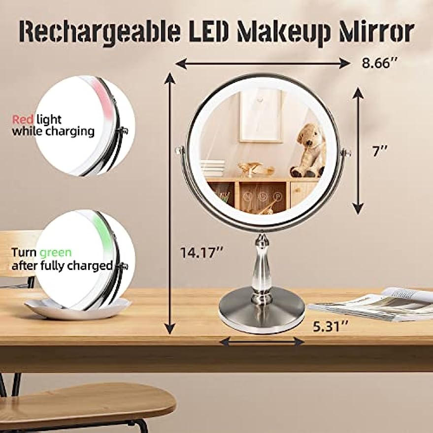 WIZCHARK 9" Large Vanity Mirror with Lights, 1X/10X Magnifying Makeup Mirror with Lighting, 3 Colors Brightness Adjustable, 360°Rotation Double Sided Standing Desk Mirror Brush Nickle