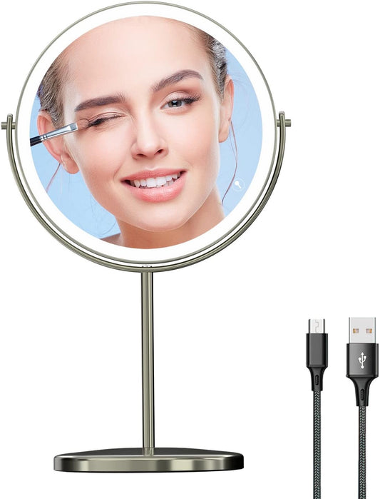 8" Lighted Makeup Mirror with Magnification, 1X/10X Magnifying Mirror with Light, Double Sided 360° Cordless Rechargeable, 3 Colors Brightness Adjustable Makeup Mirror with Lights with 52 LED(Silver)