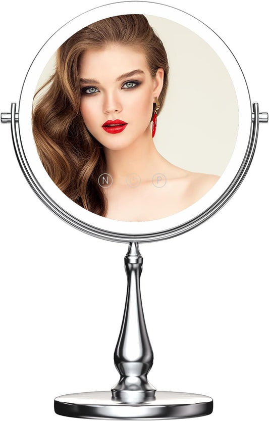 WIZCHARK 9" Large Vanity Mirror with Lights, 1X/10X Magnifying Makeup Mirror with Lighting, 3 Colors Brightness Adjustable, 360°Rotation Double Sided Standing Desk Mirror Brush Nickle