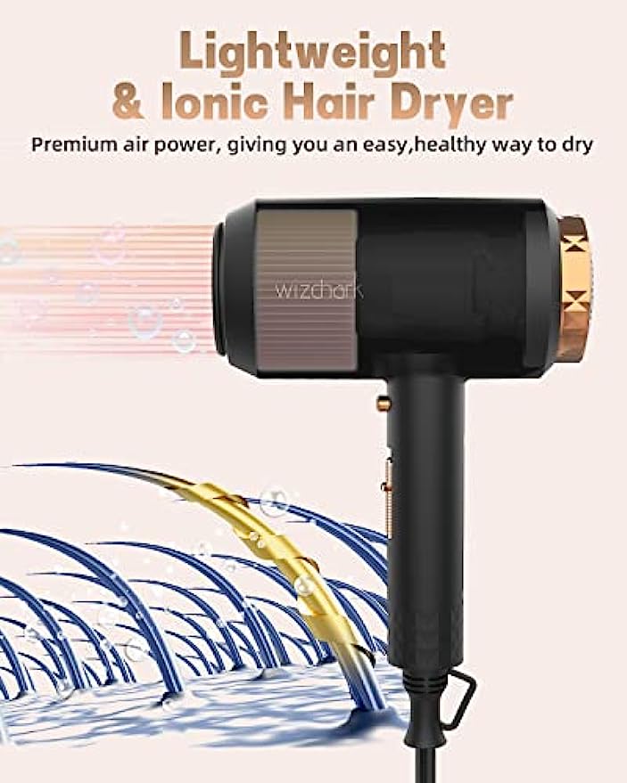 Hair Dryer with Diffuser丨1875W Ionic Blow Dryer for Women Curly Hair丨 Wizchark Lightweight Professional Salon Hairdryer with Diffuser Attachment 丨Cool Air Button 2 Speeds/Heats丨Black Hair Dryers