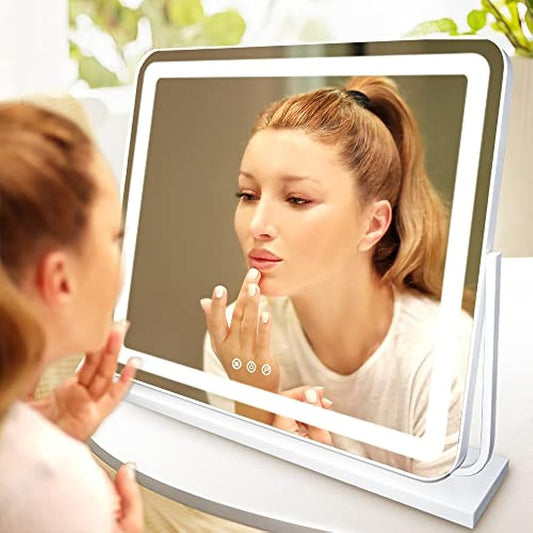 SLIMOON 24"x21" Large Vanity Mirror with Lights, Lighted Makeup Mirror with Detachable 10X Magnification Mirror, 3 Colors Lighted Vanity Mirror Tabletop, 360°Rotation Lighting Standing Desk Mirror