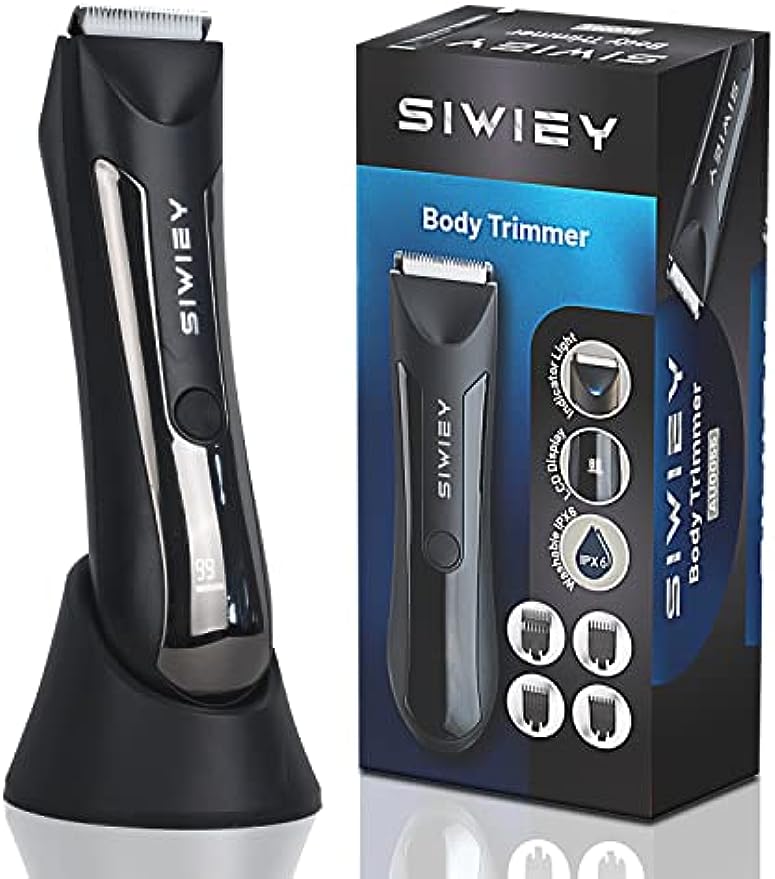 Mens Body Hair Trimmer, Siwiey Groin Hair Trimmer for Men, Wet/Dry Electric Body Groomer with LED Light, IPX6 Waterproof, LCD Display, Hygiene Safe Razor, Charging Base