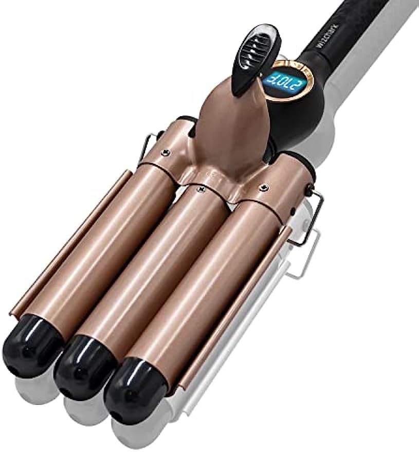 WIZCHARK 1 Inch Triple Barrels Waver, 25mm 3 Barrel Curling Iron Wand, Ceramic Dual Voltage Hair Crimper W/LED Temperature Display, 30 Mins Auto Switch-Off Curler, Deep Beach Waver (Rose,Black)