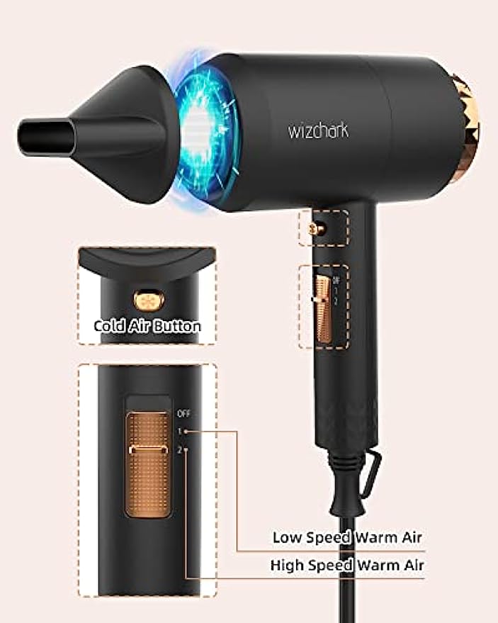 Hair Dryer with Diffuser丨1875W Ionic Blow Dryer for Women Curly Hair丨 Wizchark Lightweight Professional Salon Hairdryer with Diffuser Attachment 丨Cool Air Button 2 Speeds/Heats丨Black Hair Dryers