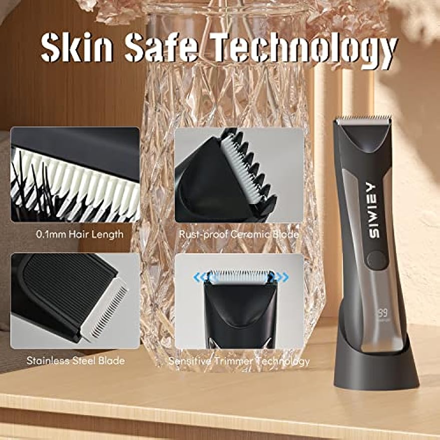 Mens Body Hair Trimmer, Siwiey Groin Hair Trimmer for Men, Wet/Dry Electric Body Groomer with LED Light, IPX6 Waterproof, LCD Display, Hygiene Safe Razor, Charging Base