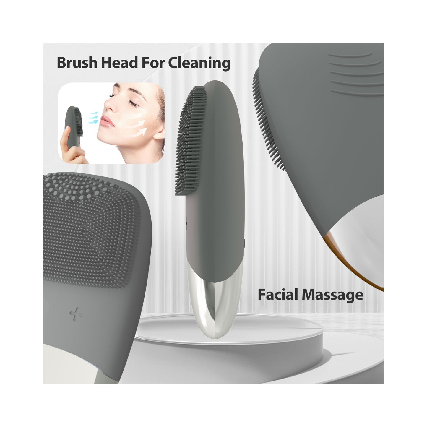 Silicone Face Scrubber, SIWIEY IPX7 Waterproof Sonic Facial Cleansing Brush, USB Rechargeable Sonic Massage Face Brush for Deep Cleansing, Gentle Exfoliating and Massaging (Grey)