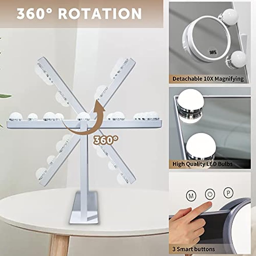 SLIMOON Hollywood Vanity Mirror with Lights, 12 Dimmable LED Bulbs Lighted Makeup Mirror with Detachable 10X Magnification Mirror, 1000mAh Rechargeable, 3 Color Lights, Touch Control