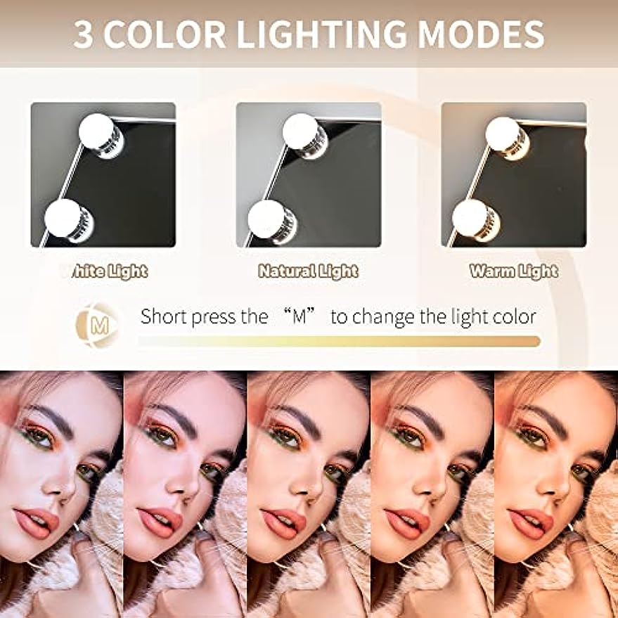 SLIMOON Hollywood Vanity Mirror with Lights, 12 Dimmable LED Bulbs Lighted Makeup Mirror with Detachable 10X Magnification Mirror, 1000mAh Rechargeable, 3 Color Lights, Touch Control