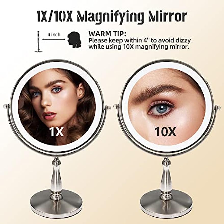 WIZCHARK 9" Large Vanity Mirror with Lights, 1X/10X Magnifying Makeup Mirror with Lighting, 3 Colors Brightness Adjustable, 360°Rotation Double Sided Standing Desk Mirror Brush Nickle