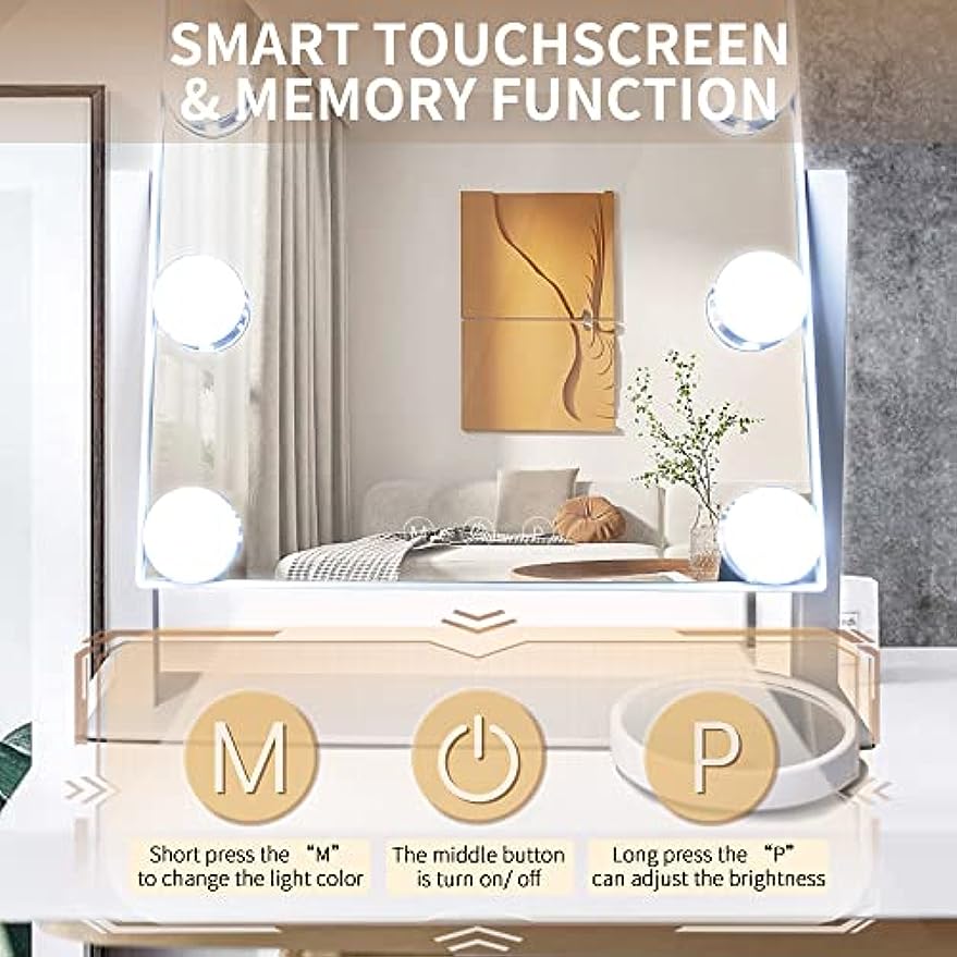 SLIMOON Hollywood Vanity Mirror with Lights, 12 Dimmable LED Bulbs Lighted Makeup Mirror with Detachable 10X Magnification Mirror, 1000mAh Rechargeable, 3 Color Lights, Touch Control