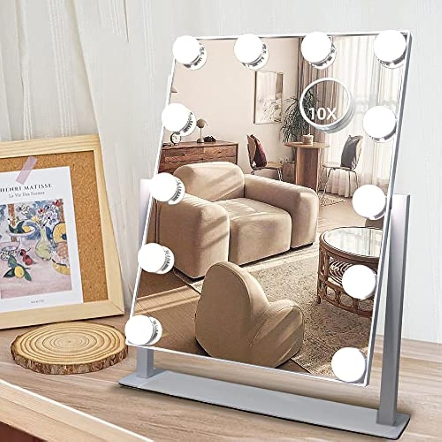 SLIMOON Hollywood Vanity Mirror with Lights, 12 Dimmable LED Bulbs Lighted Makeup Mirror with Detachable 10X Magnification Mirror, 1000mAh Rechargeable, 3 Color Lights, Touch Control