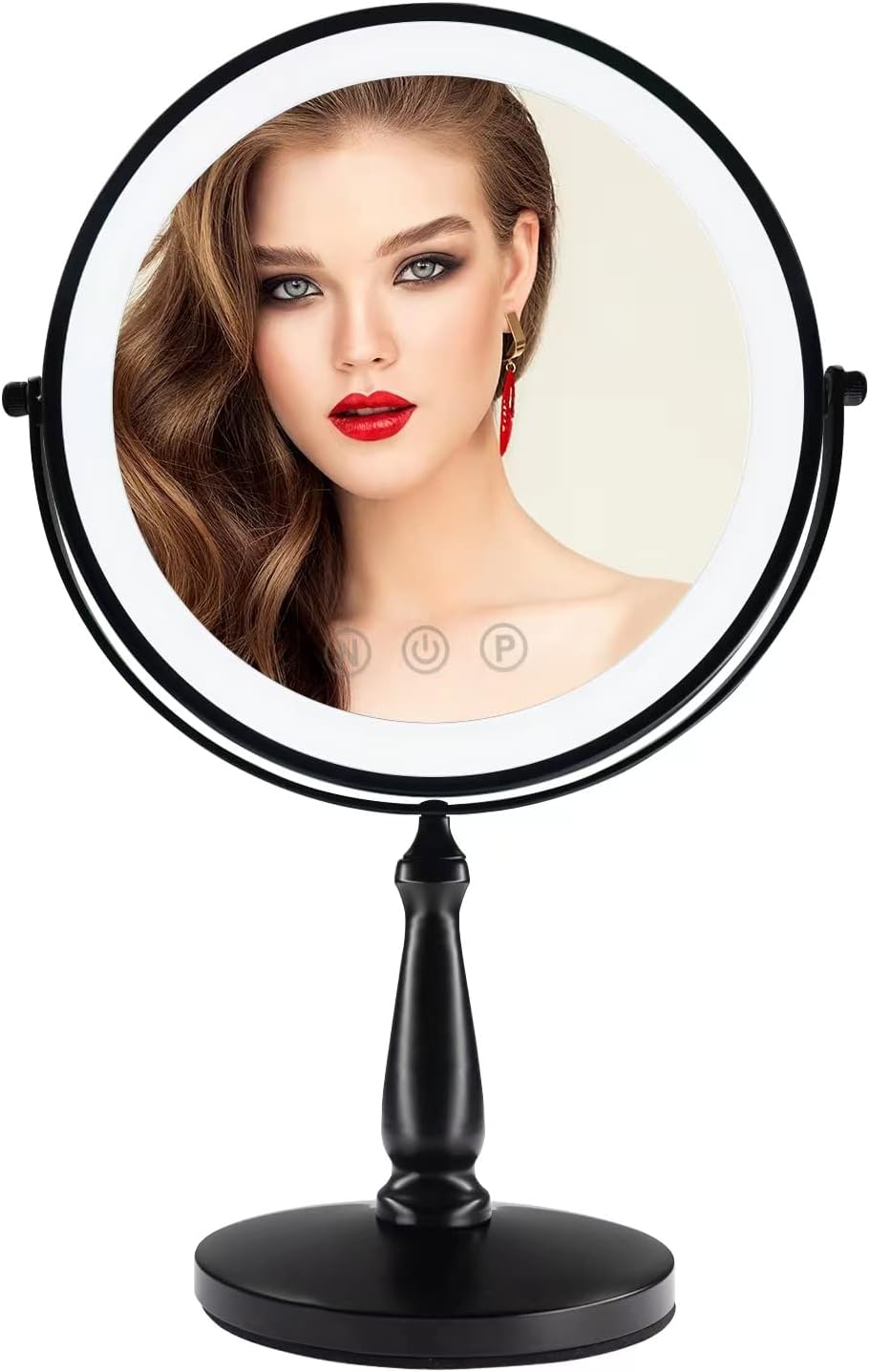 WIZCHARK 9" Large Vanity Mirror with Lights, 1X/10X Magnifying Makeup Mirror with Lighting, 3 Colors Brightness Adjustable, 360°Rotation Double Sided Standing Desk Mirror Brush Nickle