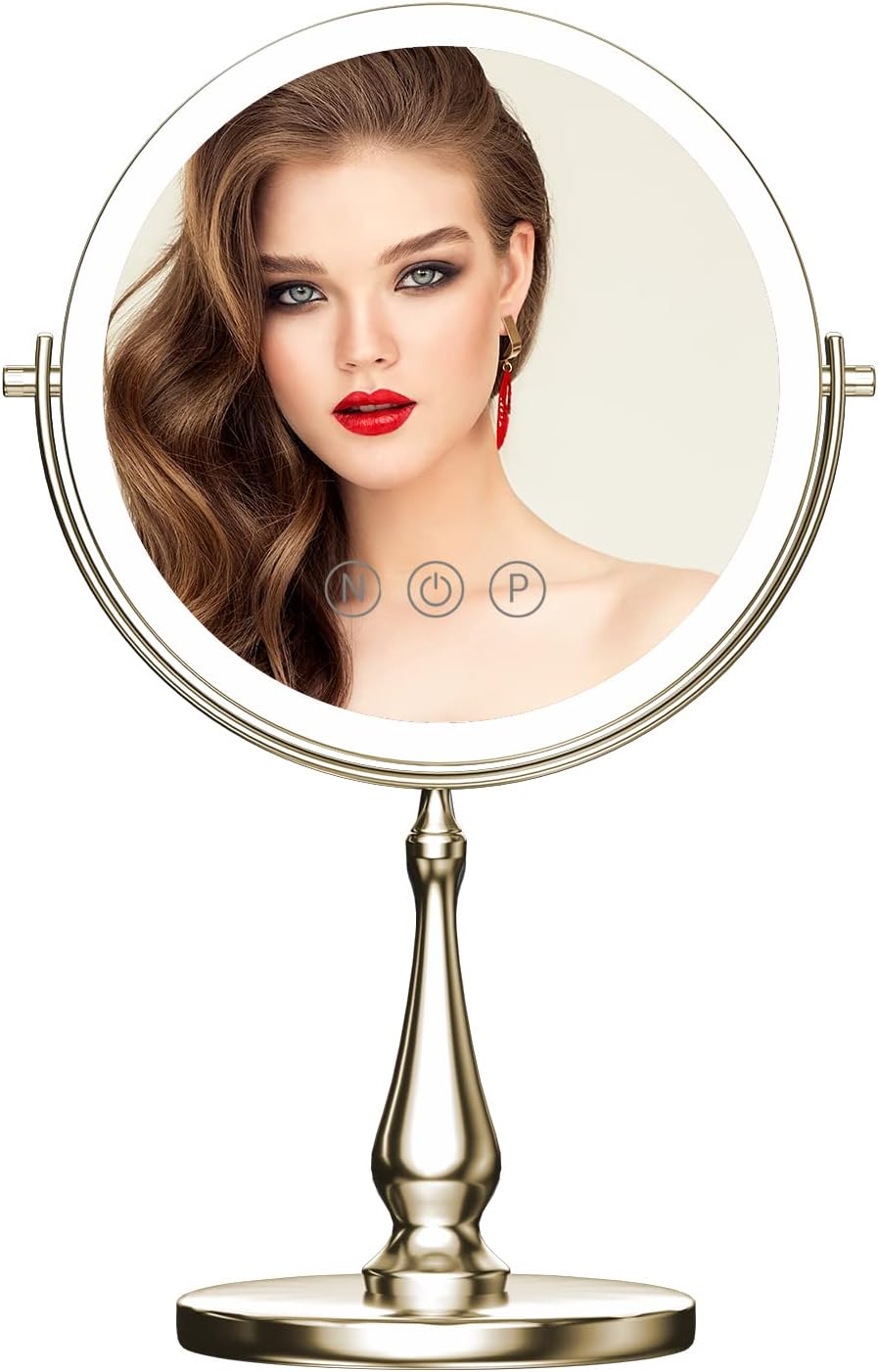 WIZCHARK 9" Large Vanity Mirror with Lights, 1X/10X Magnifying Makeup Mirror with Lighting, 3 Colors Brightness Adjustable, 360°Rotation Double Sided Standing Desk Mirror Brush Nickle